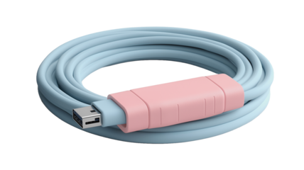 Pastel USB Cable: A stylish and modern light blue USB cable with a unique pale pink connector, coiled neatly for a clean and aesthetically pleasing image.