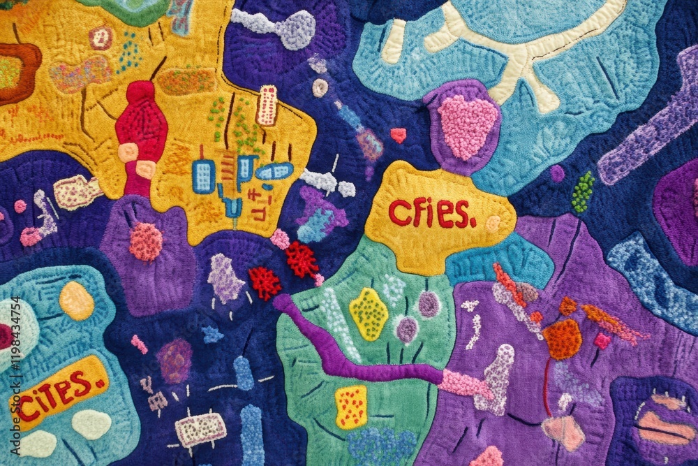 Poster colorful and playful map featuring bacteria colonies labeled as cities in a whimsical landscape. gen