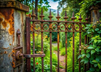 Rustic charm: A weathered metal gate guards a private garden, showcasing vintage beauty and rusted elegance.
