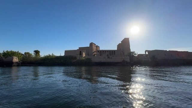 The Philae Temple is located on an island and was built in honor of Isis, goddess of love, in the Aswan Low Dam reservoir, with small boats to go to the temple.