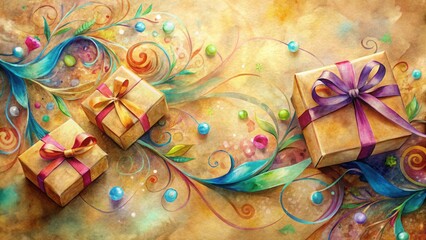 Fototapeta premium Festive Gift Boxes Adorned with Whimsical Watercolor Flourishes and Vibrant Ribbons