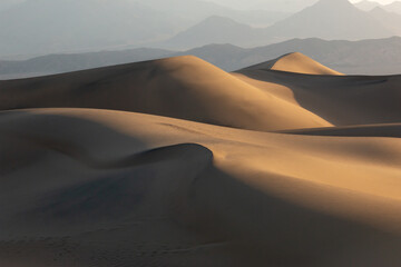 The sand dunes of Death Valley National Park glow with warm golden light during the golden hour, casting long shadows and highlighting the intricate textures of the desert landscape.
