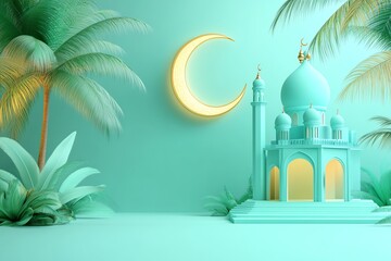 Obraz premium A 3D-style background with a glowing crescent moon in gold and stylized palm trees on the left, with a minimalistic turquoise mosque on the right.