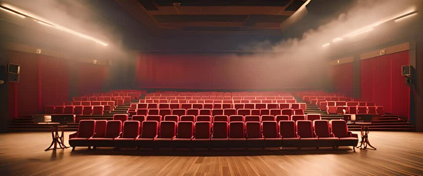 An empty cinema auditorium with red velvet seats, dim golden lights casting soft shadows, a large silver screen at the front, and a vintage popcorn machine in the corner