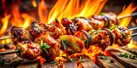 Sizzling charcoal-grilled chicken skewers, perfect summer BBQ fare.  Delicious grilled meat, photographed beautifully.