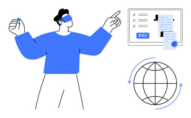 Man wearing VR headset interacting with digital screen for payments, globe with rotating arrows. Ideal for virtual reality, fintech, global transactions, digital payments, technology, innovation
