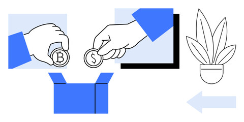 Hands dropping Bitcoin and Dollar coins into a box, potted plant, and arrow pointing right. Ideal for financial transactions, savings, investments, cryptocurrency, growth, money management