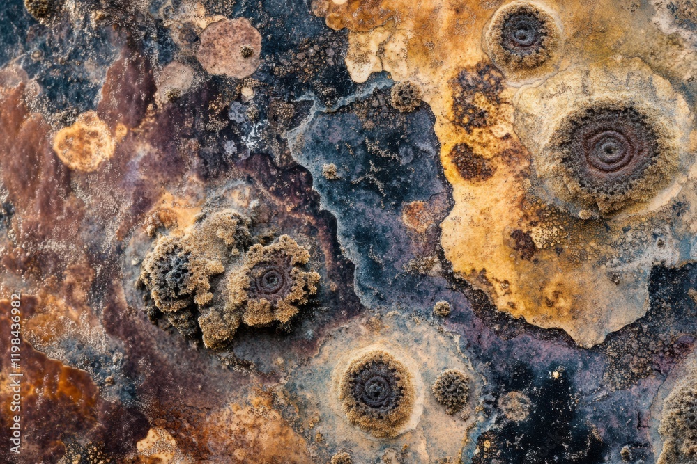 Aufkleber Dense layer of diverse microbes found on rock surface in natural environment. Generative AI