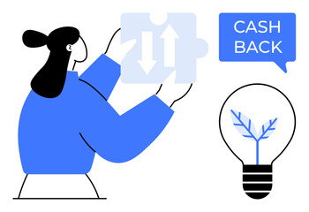 Person holding puzzle piece with arrows, cash back speech bubble, lightbulb with plant inside. Ideal for finance, investment, cashback, innovation, problem-solving creativity growth. Abstract line