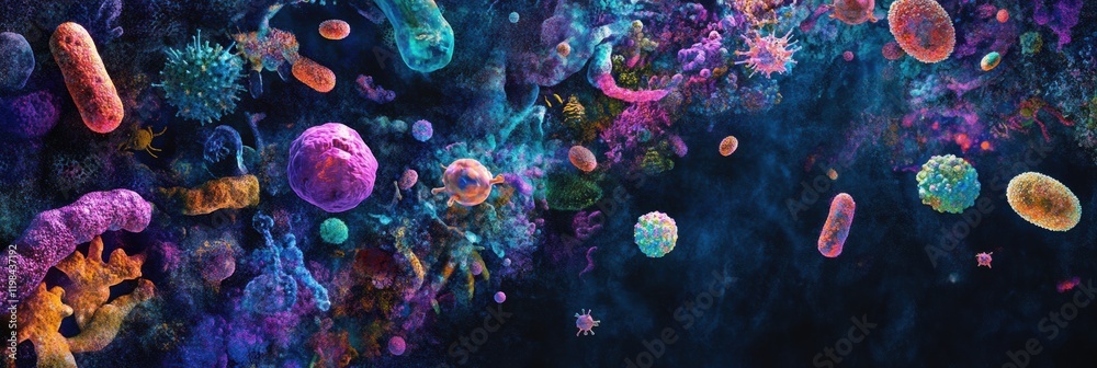 Aufkleber Colorful display of bacteria and microbes in a vibrant environment showcasing diverse shapes and sizes of microorganisms. Generative AI