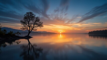 Naklejka premium Golden sunrise illuminates a serene lake against a deep blue sky, casting warm hues across the tranquil waters at dawn's embrace