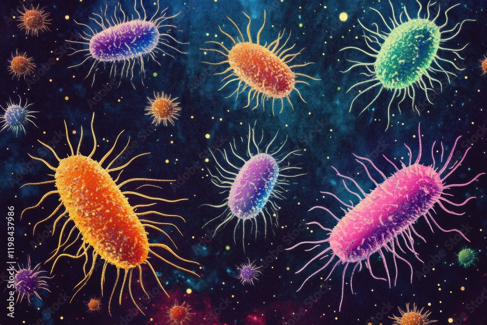 Aufkleber colorful array of bacteria and microbes floating in a cosmic background with vibrant colors and intr