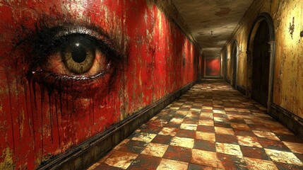 Disturbing Hallway with Giant Eye Mural