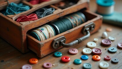 Well-Organized Sewing Box with Colorful Threads and Buttons, Crafting Essentials 