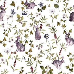watercolor drawing seamless pattern with animal, rabbit and green plants, flowers and berries at white background, hand drawn illustration