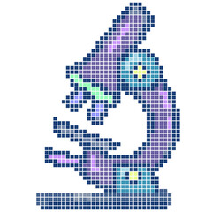 Pixelated dark microscope illustration on white background.