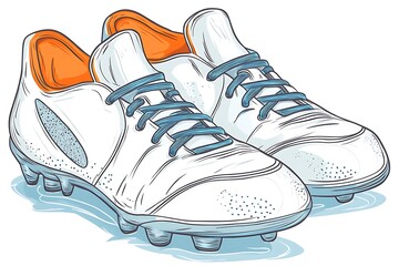 White Soccer Cleats with Orange Accents, Hand-Drawn Illustration