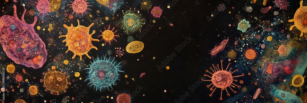 Poster vibrant array of bacteria and microbes showcasing diversity in color and shape in a microscopic worl