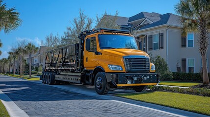 Bright orange truck parked on a sunny suburban street lined with palm trees and houses