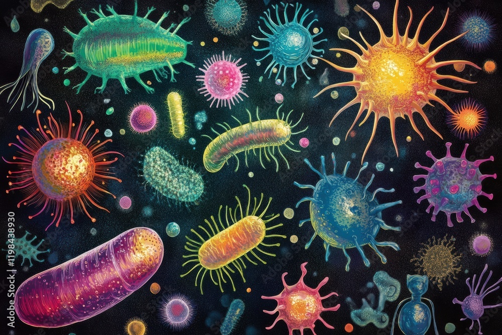 Leinwandbilder vivid display of diverse bacteria and microbes illustrating their unique shapes and colors in a scie