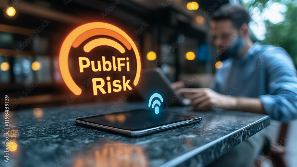 Poster public wifi risk: man using tablet at cafe with public wifi risk warning graphic. shows potential se