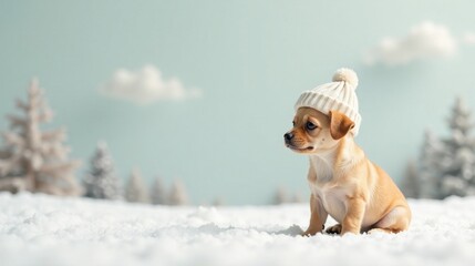 A small canine wearing a knitted winter hat sits in a snowy landscape with miniature evergreen trees