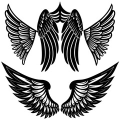 Fototapeta premium A collection of stylized, outlined angel or bird wings in various shapes and sizes with white background