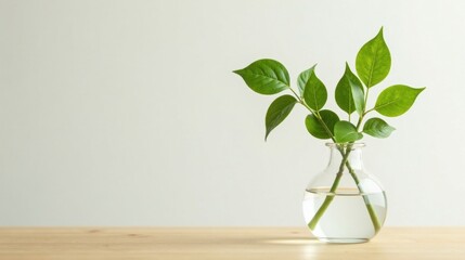 Simple elegance A sprig of vibrant green leaves in a clear glass vase rests on a light wood surface against a neutral backdrop.