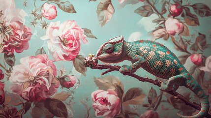 Chameleon on branch amidst pastel roses.