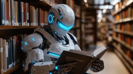 Fototapeta premium Close-up of a white humanoid robot with blue neon LED accents, reading a book in a library setting.