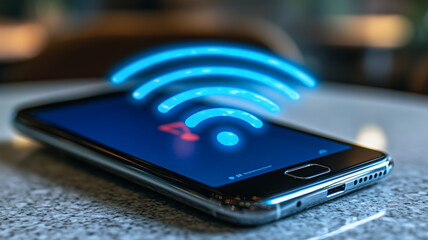 Smartphone Wifi Connection: A sleek smartphone rests on a table, its screen displaying a vibrant blue wifi signal icon, symbolizing seamless connectivity and digital accessibility.
