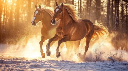 Obraz premium Two chestnut horses run through snowy woods at sunset.