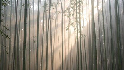 Naklejka premium Sunlight Streams Through A Misty Bamboo Forest