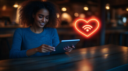 Digital Romance: A smiling young woman enjoys a romantic online connection, using her tablet in a cozy cafe setting, with a glowing neon heart wifi symbol adding a touch of modern romance. 