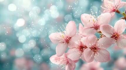 Delicate pink cherry blossoms in full bloom against a dreamy blue bokeh background