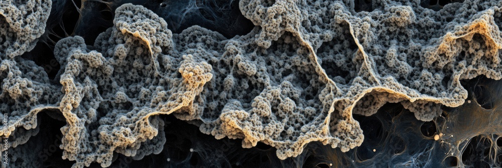 Aufkleber exploring a complex dense layer of microbes showcasing unique shapes and structures found in natural