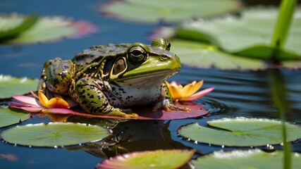 Obraz premium Tranquil Beauty: Vibrant Bullfrog Resting on Lily Pad in Serene Pond