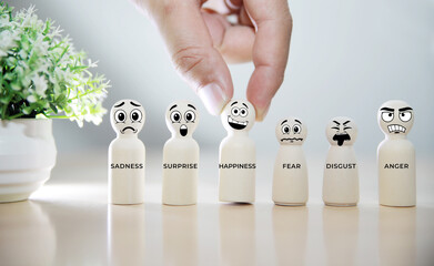wooden figure with icons of 6 facial expressions and the words anger, happiness, fear, surprise, disgust and sadness © monocle
