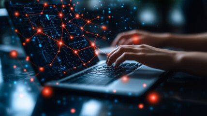 Connecting the Dots: A close-up shot of hands typing on a laptop with a futuristic, digital network overlay, symbolizing the power of connectivity and data flow in the modern world.