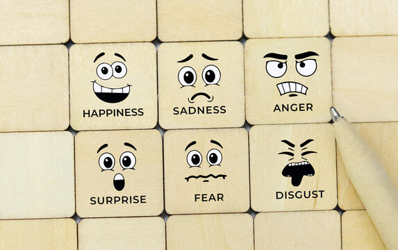 wooden puzzle with icons of 6 facial expressions and the words anger, happiness, fear, surprise, disgust and sadness