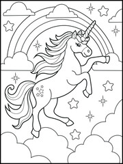 Fototapeta premium Black and white printable Unicorn coloring pages for kids. Children's coloring books with cute unicorn cartoon character, fun and educational materials for kindergarten. 