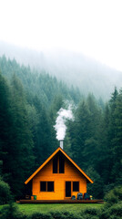 A cozy yellow cabin nestled in a dense forest, with smoke rising from the chimney, surrounded by misty mountains.
