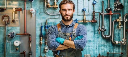 Confident male plumber with arms crossed standing in front of a complex pipe system.
