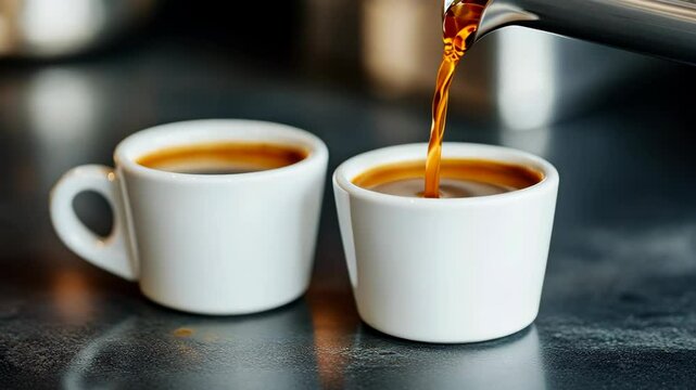 Pouring espresso into two small white cups on a dark countertop in a cozy cafe setting