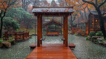 Obraz premium Serene Rain in a Tranquil Asian Garden