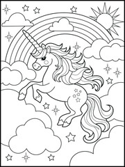 Black and white printable Unicorn coloring pages for kids. Children's coloring books with cute unicorn cartoon character, fun and educational materials for kindergarten.
