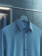 A Crisp Blue Dress Shirt Hanging in a Modern Closet: Clean Lines and Minimalist Style