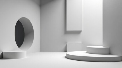Fototapeta premium Abstract Minimalist White Architectural Scene with Circular Cutout and Platforms for Product Display