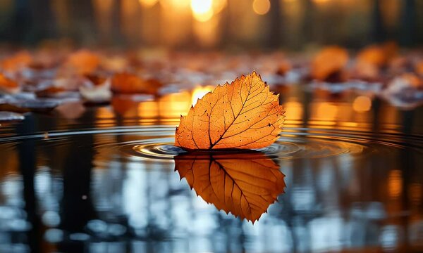 Tranquil autumn scene featuring a single orange leaf floating on a serene pond at sunset
