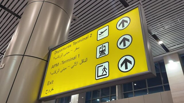 Entrance to Egypt airport from Rome in Italy and its signs.